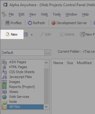 The Web Projects Control Panel toolbar.